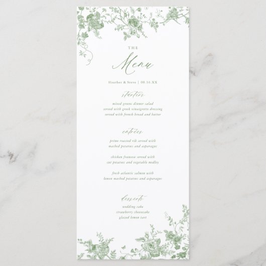 Classic Toile Green Floral Mariage Menu Table (Devant)
