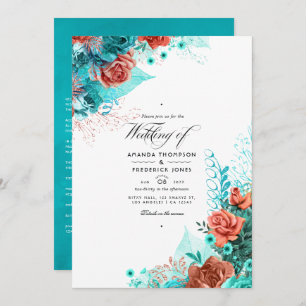 Classic Turquoise en Coral Floral Wedding Kaart