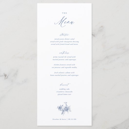 Classic Victorian Blue Floral Mariage Table Menu (Devant)