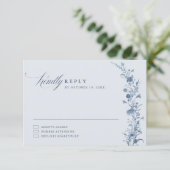Classic Victorian Blue French Garden Chic Wedding RSVP Kaartje (Staand voorkant)