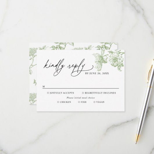 Classic Victorian Green Meal Options Wedding RSVP (Voorkant / Achterkant in situ)