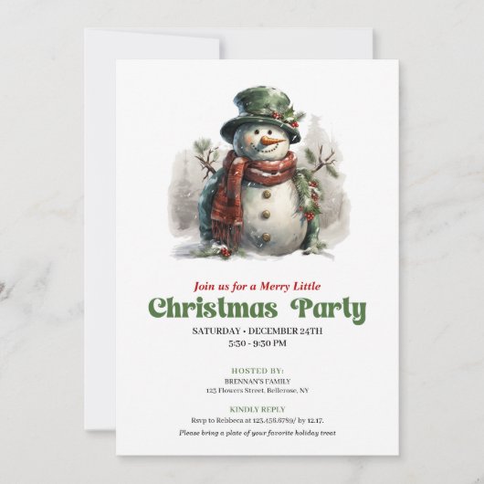Classic vintage Christmas snowman party invitation (Devant)