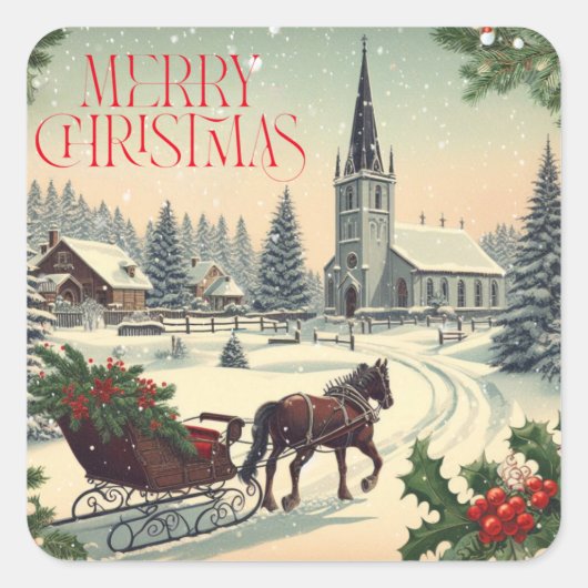 Classic/Vintage Kerstmisscène Mok Vierkante Sticker (Voorkant)