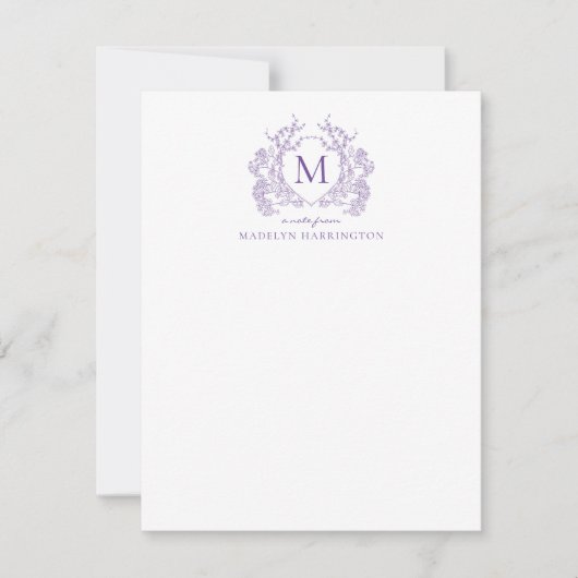Classic Violet Floral Crest Monogram Notitiekaartje (Voorkant)