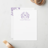 Classic Violet Floral Crest Monogram Notitiekaartje (Voorkant / Achterkant in situ)