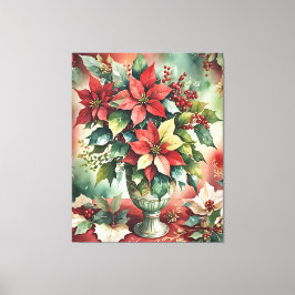 Classic Waterverf Red Poinsettia Boeket Canvas Afdruk