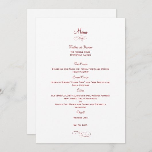 Classic Wedding Menu Kaart - (Rood) Menu Kaarten (Voorkant / Achterkant)