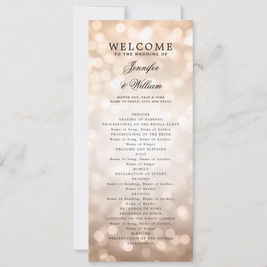 Classic Wedding Program Roos Gold Bokeh Lights Kaart (Voorkant)