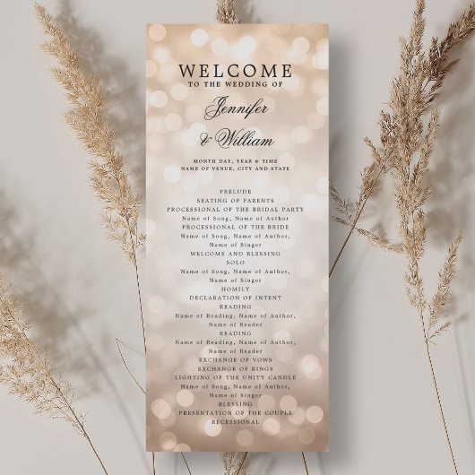 Classic Wedding Program Roos Gold Bokeh Lights Kaart