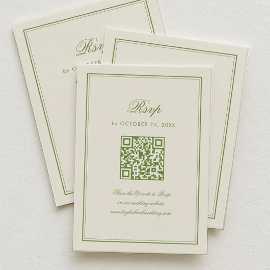 Classic White and Sage Green Wedding RSVP Qr Code Informatiekaartje