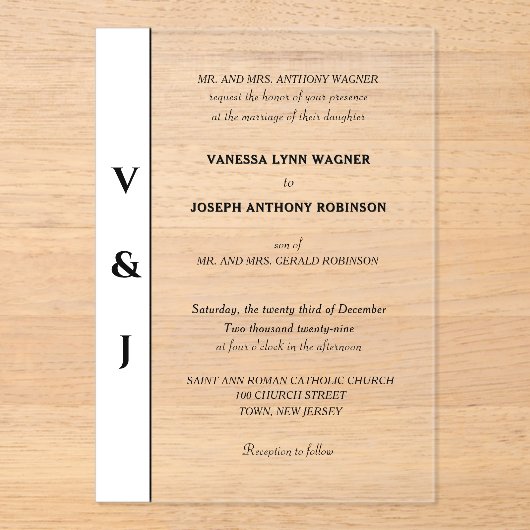 Classic White Black Modern Wedding Acryl Uitnodigingen (Voorkant)