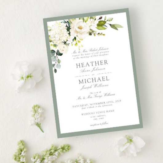 Classic White Grey Green Floral Waterverf Wedding Kaart