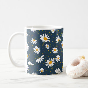 Classic Yellow White Daisy Flowers Navy Koffiemok