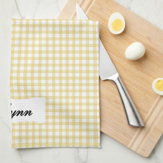 Classic Yellow & White Gingham | Personalized Name Theedoek (Quarter Fold)