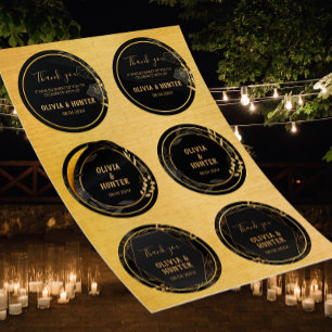 Classic Zwart & Goud Bloemen Bruiloft Dank u Ronde Sticker