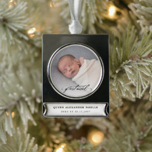 Classic  Zwart Script Baby Eerste Noel Foto Verzilverd Banner Ornament
