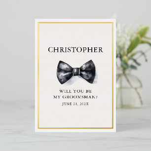 Classic Zwart-wit Bow Stropdas Groomsman Folie Uitnodiging