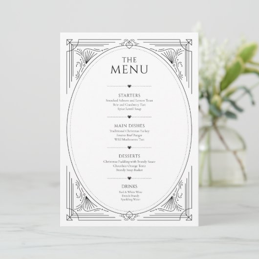 Classic zwart-wit  lijst bruiloft menu kaart (Staand voorkant)