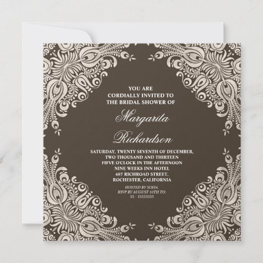 classique élégant marron damassé invitations de do (Devant)