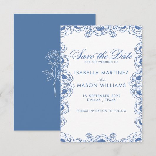 Classique fleurs françaises bleu roi save the date (Devant / Derrière)
