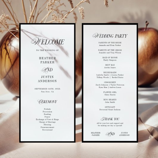Classique Noir et Blanc Élégant Mariage Programmes