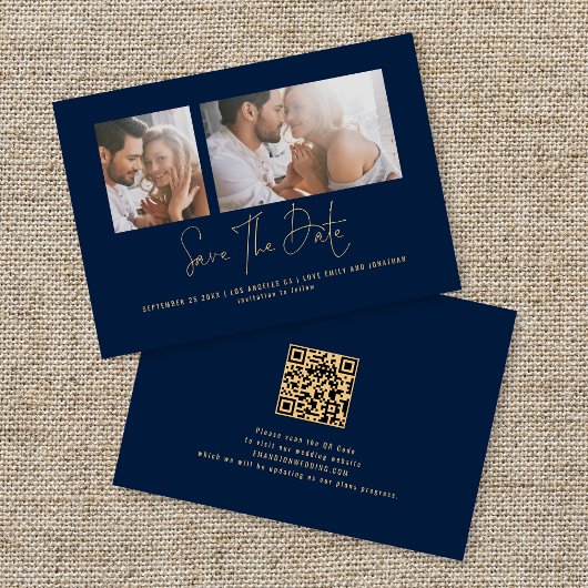 Classy 2 Foto's Gold Navy Blue Wedding Save The Date