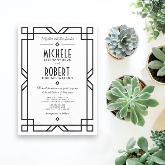 Classy Art Deco Modern Black Lijst White Wedding Kaart