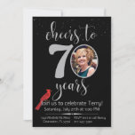 Classy Black 70th Birthday Party Invitation<br><div class="desc">Soirée de 70e anniversaire en noir et platine avec cardinal rouge. Salut à 70 ans !</div>