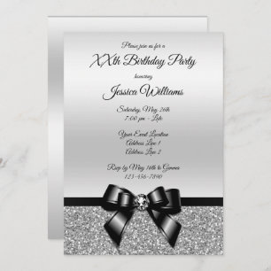 Classy Black Bow & Silver Glitter Birthday Kaart