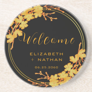 Classy Black en Gold Floral Wedding Welkom Zandsteen Onderzetter