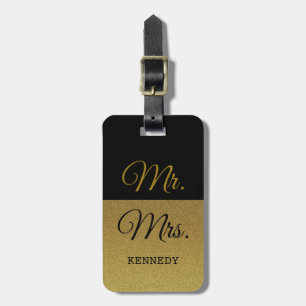 Classy Black en Gold Glitter Mr en Mrs. Bagagelabel