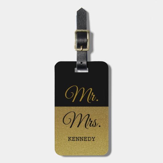 Classy Black en Gold Glitter Mr en Mrs. Bagagelabel (Voorkant verticaal)