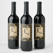 Classy Black en Gold Leaf Pattern Monogram E Wijn Etiket (Flessen)
