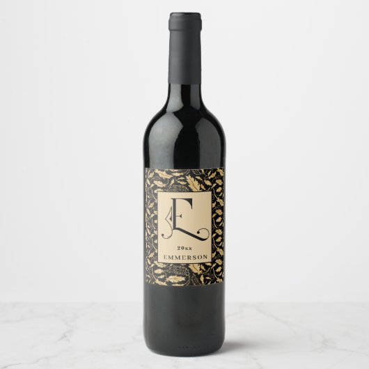 Classy Black en Gold Leaf Pattern Monogram E Wijn Etiket (Voorkant)