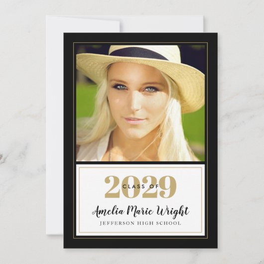 Classy Black en Gold Photo Graduparty Kaart (Voorkant)