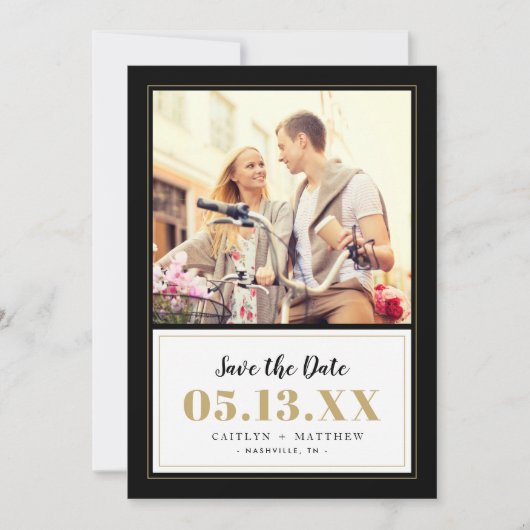 Classy Black en Gold Photo Save the Date (Voorkant)