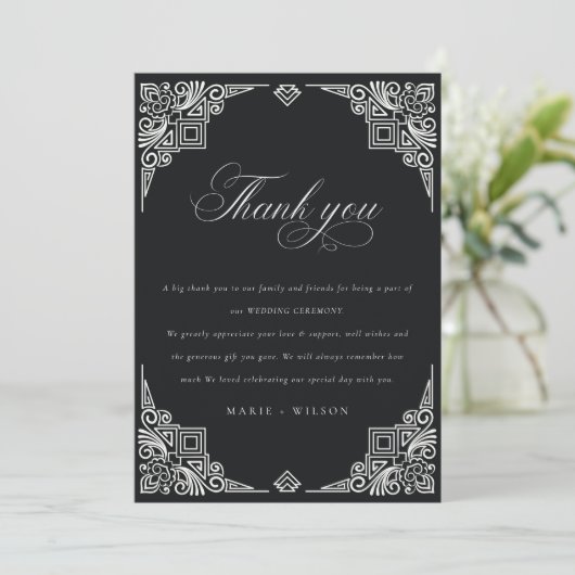 Classy Black en White Art Deco  huwelijk Bedankkaart (Staand voorkant)
