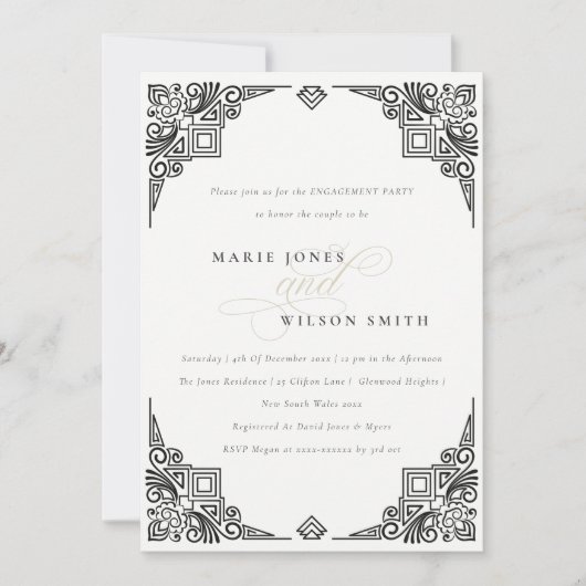 Classy Black en White Art Deco  Verloving Kaart (Voorkant)