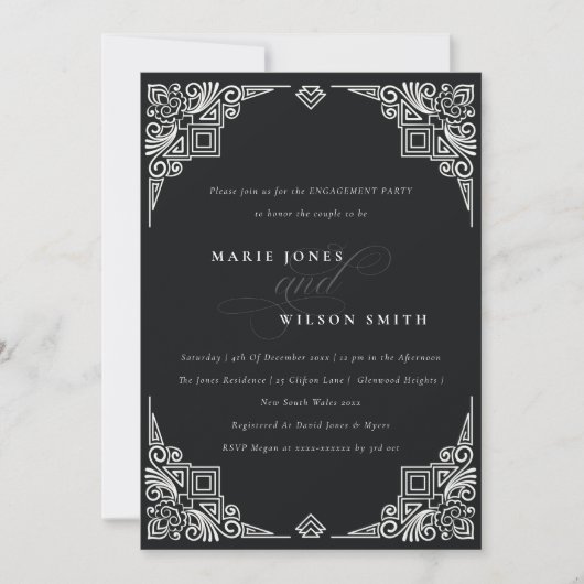 Classy Black en White Art Deco  Verloving Kaart (Voorkant)