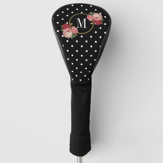 Classy Black  Floral Polka Dots Monogram Golfheadcover (Voorkant)