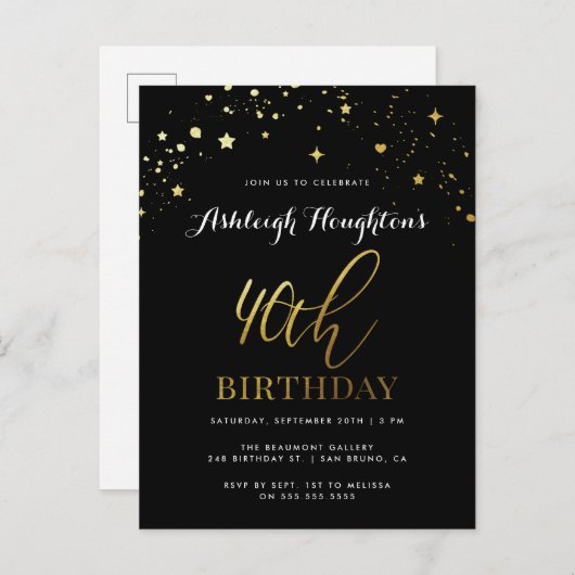Classy Black & Gold Confetti 40e verjaardag Uitnodiging Briefkaart (Voorkant / Achterkant)