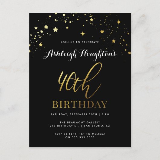 Classy Black & Gold Confetti 40e verjaardag Uitnodiging Briefkaart (Voorkant)