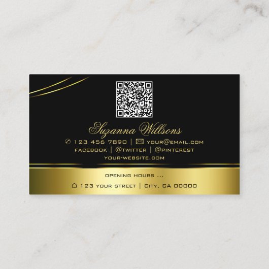Classy Black Gold Curved Lines Monogram QR-code Visitekaartje (Achterkant)