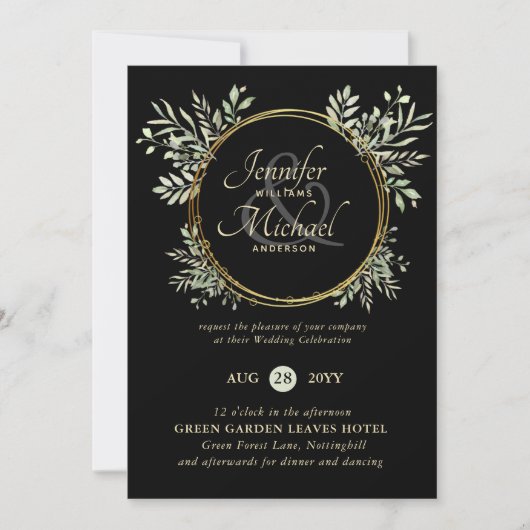 Classy Black Gold Green Wreath Wedding Invitation (Devant)