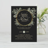Classy Black Gold Green Wreath Wedding Invitation (Debout devant)