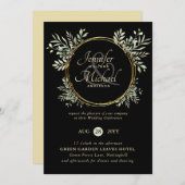 Classy Black Gold Green Wreath Wedding Invitation (Devant / Derrière)