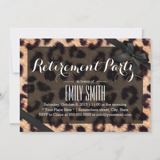 Classy Black Ribbon Leopard Print Retirement Party Kaart (Voorkant)