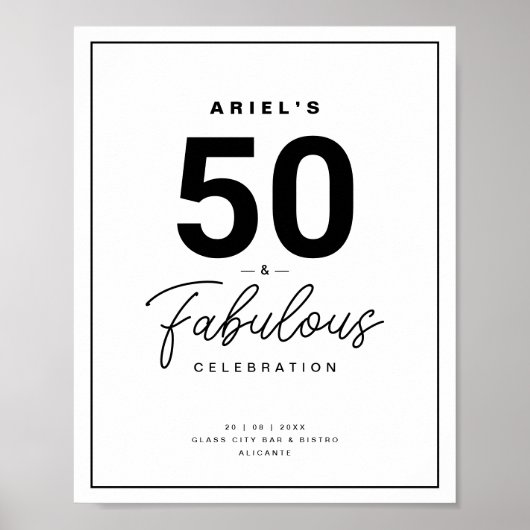 Classy Black & White 50 & Fabulous Birthday Party Poster (Voorkant)