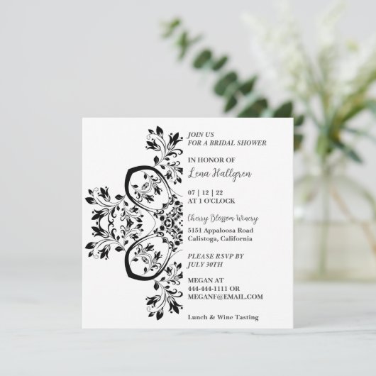 Classy Black & White Floral Invitation Kaart (Staand voorkant)