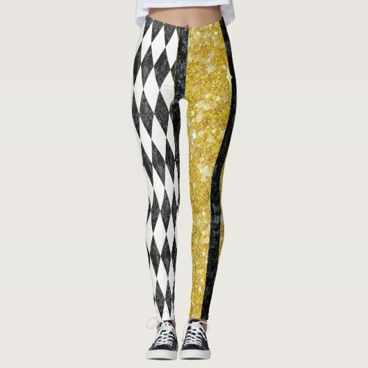 Classy Black White Gold Harlequin Diamond Argyle Leggings (Voorkant)